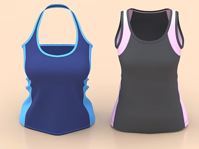 Two Stylish Tank Tops in Blue and Black with Pink Trim and Side Details 3d model
