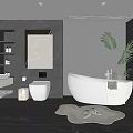 Modern Bathroom Interior With Gray Tile Walls White Bathtub Double Vanity Green Plant And Rug