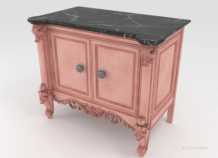 Entryway Console Cabinet With Pink Carved Legs Double Door Design And Black Marble Top 3d model 