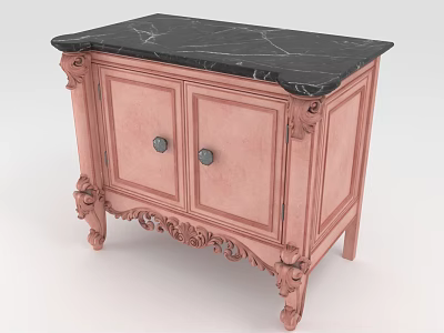 Entryway Console Cabinet With Pink Carved Legs Double Door Design And Black Marble Top 3d model