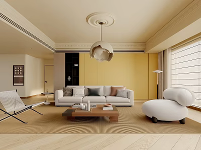 Modern Living Room Interior Design With Beige Sofa Coffee Table Pendant Light And Lounge Chair 3d model