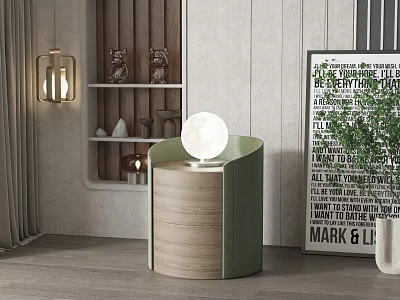 Modern Wooden Bedside Table With Green Accents Round White Moon Like Top And Framed Art 3d model