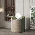 Modern Wooden Bedside Table With Green Accents Round White Moon Like Top And Framed Art