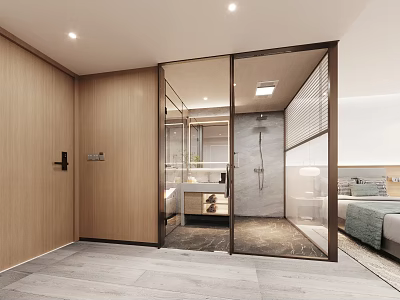 Modern Hotel Room Interior With Wooden Walls Glass Bathroom Door Shower And Bedroom Area 3d model