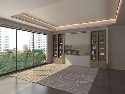 Modern Living Room Interior With Large Windows Wave Pattern Rug And Built In Shelves 3d model