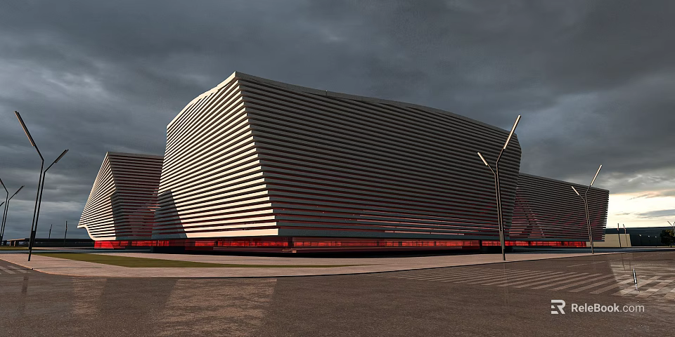 Aerial Planning For Modern Architectural Complex With Geometric Striped Facade Red Base And Open Space Design 3d model 