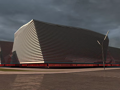 Aerial Planning For Modern Architectural Complex With Geometric Striped Facade Red Base And Open Space Design 3d model