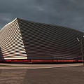 Aerial Planning For Modern Architectural Complex With Geometric Striped Facade Red Base And Open Space Design