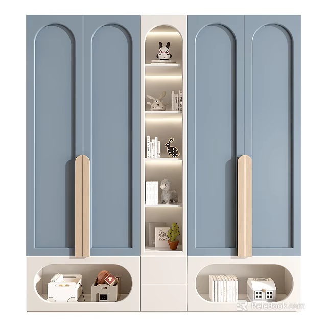 Modern Blue Wardrobe With Wooden Handles Open Shelves Books Decorative Items And Green Plant 3d model 
