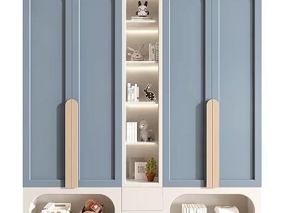 Modern Blue Wardrobe With Wooden Handles Open Shelves Books Decorative Items And Green Plant 3d model