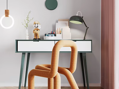 Desk With Orange Chair Table Lamp Stationery Small Decor Circular Wall Decor And Pendant Light 3d model