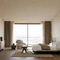 Minimalist Bedroom Interior Design With Wooden Headboard Bed And Large Window Curtains And Wooden Flooring