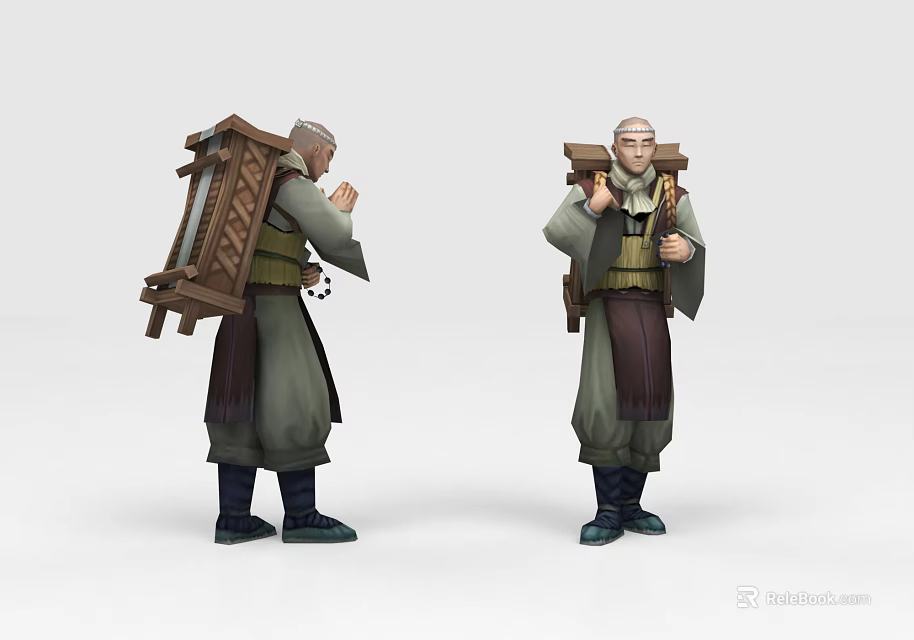 Game Movie Character Elderly Monk Carrying Wooden Frame With Traditional Robe And Praying Gesture 3d model 
