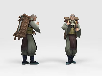 Game Movie Character Elderly Monk Carrying Wooden Frame With Traditional Robe And Praying Gesture 3d model