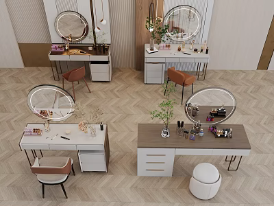 Elegant Jewelry Cabinet With Dressing Table Round Mirror Chair And Plants 3d model