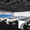 Modern Conference Room Interior Design With Long Tables White Chairs And Blue Screen