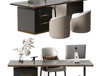 Modern Stylish Office Desk With Wooden Top Metal Frame Chair And Laptop 3d model