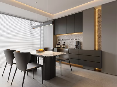 Modern Luxurious Restaurant Interior With Dining Table Marble Countertop Black Cabinets And Pendant Lights 3d model