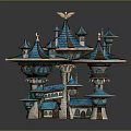 Fantasy Style Castle Architecture With Multiple Blue Roof Towers And Decorative Spires