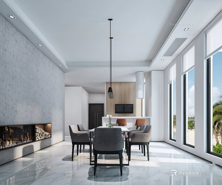 Modern Dining Room Interior With Dining Table Chairs Fireplace Large Windows Natural Light 3d model