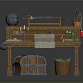 Adventurer Themed Wooden Table With Skull Sword Map Scroll And Treasure Chest