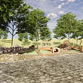 Natural Themed Children's Play Area With Wooden Climbing Structures Log Elements And Green Spaces