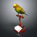 Green Yellow Budgerigar Perched On Red Stand With White Paper At Base
