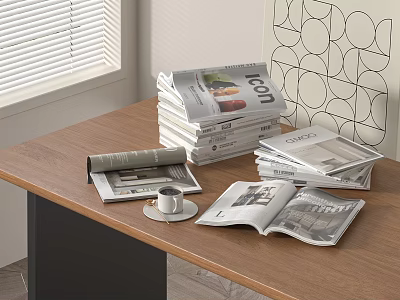Books Magazines on Wooden Table Featuring Stacked Issues Open Pages and Coffee Cup 3d model