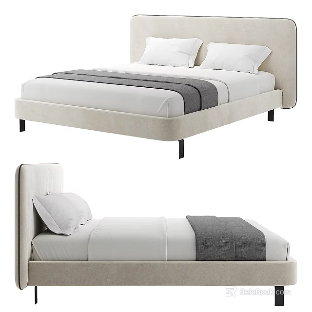Modern Double Bed With Beige Headboard White Sheets And Gray Blanket 3d model