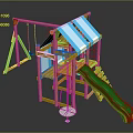 Wooden Playground Set With Blue White Striped Canopy Green Slide Swing And Ladder Steps