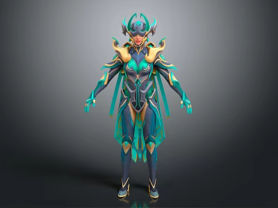 Mythical Warrior Character With Horned Helmet And Green Gold Creature Inspired Armor Design 3d model