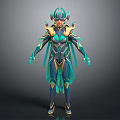 Mythical Warrior Character With Horned Helmet And Green Gold Creature Inspired Armor Design