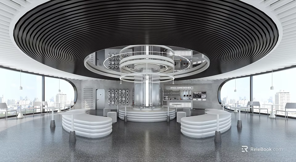 Modern Cafe Interior With Circular Ceiling White Seating And Large Windows 3d model 