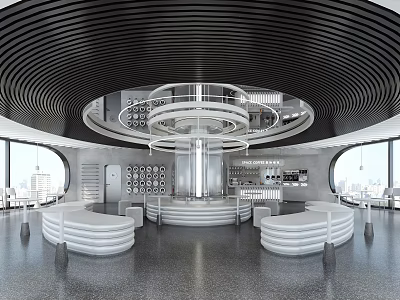 Modern Cafe Interior With Circular Ceiling White Seating And Large Windows 3d model