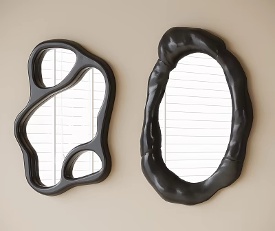 Two Irregular Shaped Black Framed Mirrors On Beige Wall With Window Blinds Reflection 3d model