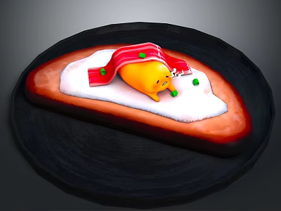 Yellow Cartoon Character On Bread With White Sauce Red Strips Green Garnishes On Black Plate 3d model