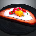 Yellow Cartoon Character On Bread With White Sauce Red Strips Green Garnishes On Black Plate