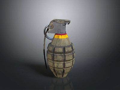 Vintage Hand Grenade Weapon with Metal Fuse Yellow Red Ring and Ribbed Textured Body 3d model