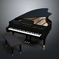 Black Grand Piano With Purple Stool For Home Living Room Decoration Use