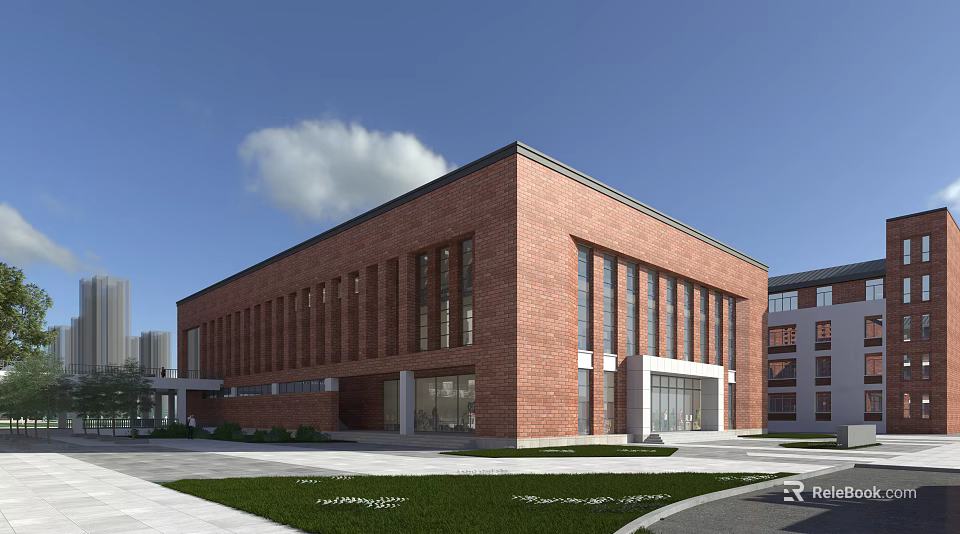 Red Brick School Building With Modern Exterior Green Lawn And Paved Square 3d model 