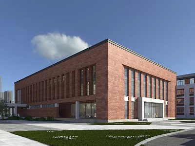 Red Brick School Building With Modern Exterior Green Lawn And Paved Square 3d model