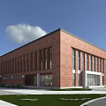 Red Brick School Building With Modern Exterior Green Lawn And Paved Square