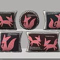 Cute Pink Fox Pattern Decorative Pillows With Black Background And White Edges 3d model