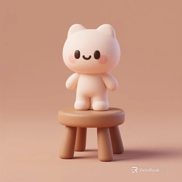 Cute White Cat Doll With Pink Cheeks Standing On Small Brown Stool Light Pink Background 3d model 