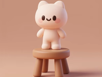 Cute White Cat Doll With Pink Cheeks Standing On Small Brown Stool Light Pink Background 3d model