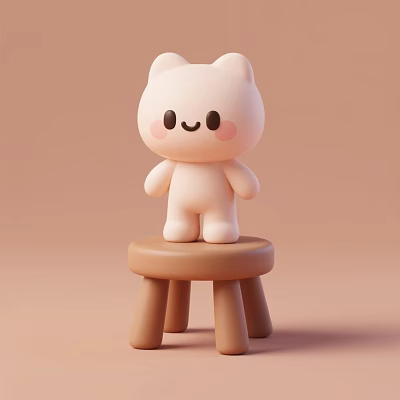 Cute White Cat Doll With Pink Cheeks Standing On Small Brown Stool Light Pink Background 3d model