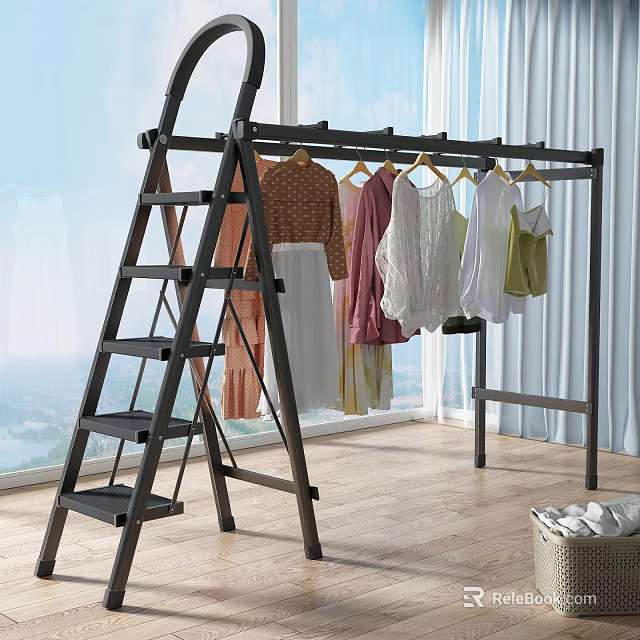Ladder Clothes Rack Holding Various Colored Clothes By Window With Bright Light And Wooden Floor 3d model 