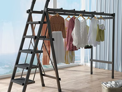 Ladder Clothes Rack Holding Various Colored Clothes By Window With Bright Light And Wooden Floor 3d model