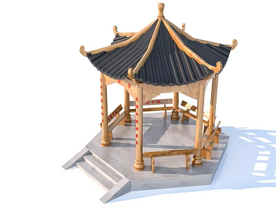 Traditional Chinese Style Garden Pavilion Featuring Black Tiled Roof Wooden Pillars And Stone Steps 3d model
