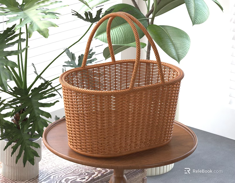 Brown Wicker Basket On Table With Green Plants 3d model 